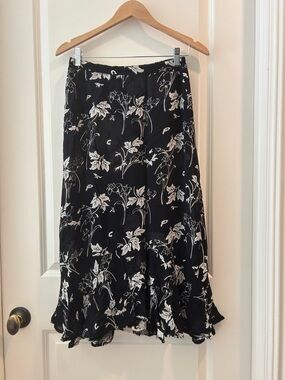 Shelly & Arnold Black White Floral Midi double layer ruffle  Skirt Print size M